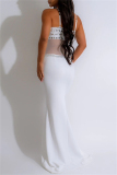 White Sexy Patchwork Backless Hot Drill Spaghetti Strap Long Dresses