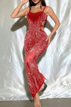 Red Sexy Hollow Out Patchwork Backless Hot Drill Square Neck Long Dresses