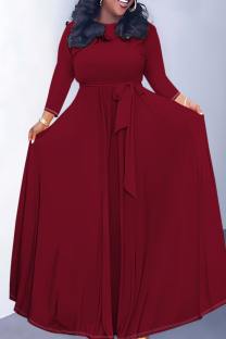 Deep Red Casual Solid Color Belted O Neck Long Dresses