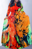 Red Casual Print Belted O Neck Long Dresses