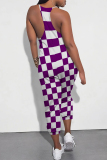 Brown Casual Daily Plaid Print Pocket Contrast V Neck Loose Jumpsuits