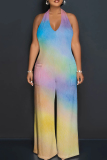 Powder Blue Street Tie Dye Patchwork Backless Strap Design Halter Loose Jumpsuits