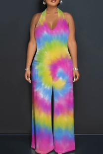 Multicolor Street Tie Dye Patchwork Backless Strap Design Halter Loose Jumpsuits