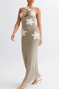 Khaki Sexy Flowers Hollow Out Patchwork Backless Strap Design Halter Long Dresses