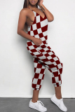 Brown Casual Daily Plaid Print Pocket Contrast V Neck Loose Jumpsuits