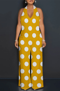 Yellow Casual Street Ripple Print Lace Up Backless Halter Loose Jumpsuits