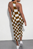 Brown Casual Daily Plaid Print Pocket Contrast V Neck Loose Jumpsuits