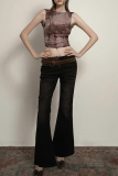 Purple Sexy Print Lace Patchwork Backless O Neck Tops