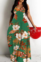 Green Sexy Casual Floral Print Backless Spaghetti Strap Long Dresses
