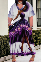 Light Purple Casual Print Pocket Patchwork V Neck Straight Plus Size Dresses