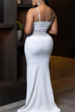 White Sexy Patchwork Backless Hot Drill Spaghetti Strap Long Dresses