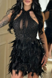 White Sexy Solid Color Patchwork See-Through Feathers Hot Drill Zipper O Neck Wrapped Skirt Dresses
