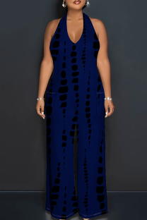 Tibetan Blue Casual Tie Dye Patchwork Backless Halter Loose Jumpsuits