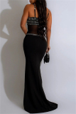 White Sexy Patchwork Backless Hot Drill Spaghetti Strap Long Dresses
