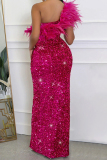 Rose Red Sexy Solid Color Sequins Patchwork Feathers High Slit Oblique Collar Long Dresses