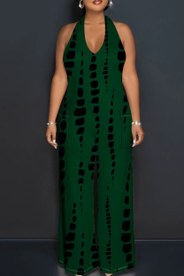 Ink Green Casual Tie Dye Patchwork Backless Halter Loose Jumpsuits