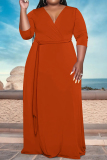 Orange Red Casual Solid Color Lace Up V Neck Printed Plus Size Dresses