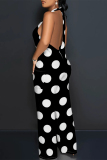 White Casual Street Ripple Print Lace Up Backless Halter Loose Jumpsuits