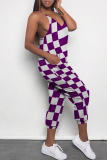 Brown Casual Daily Plaid Print Pocket Contrast V Neck Loose Jumpsuits