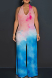 Powder Blue Street Tie Dye Patchwork Backless Strap Design Halter Loose Jumpsuits