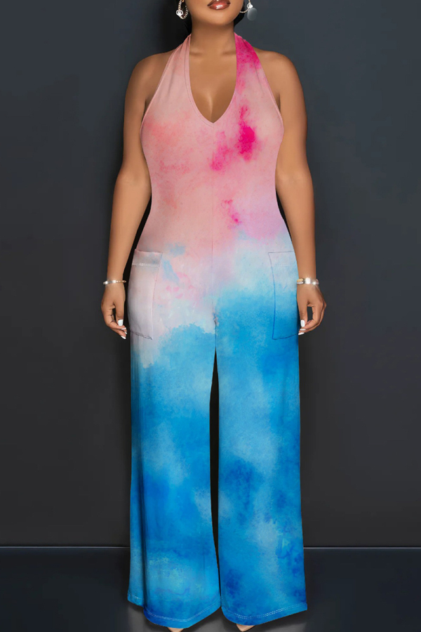 Powder Blue Street Tie Dye Patchwork Backless Strap Design Halter Loose Jumpsuits