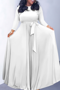 White Casual Solid Color Belted O Neck Long Dresses