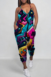 Purplish Blue Casual Print Patchwork Spaghetti Strap Regular Jumpsuits
