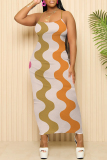 Orange Green Sexy Striped Print Contrast U Neck Printed Dresses
