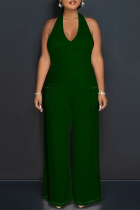 Green Casual Solid Color Lace Up Backless Halter Loose Jumpsuits