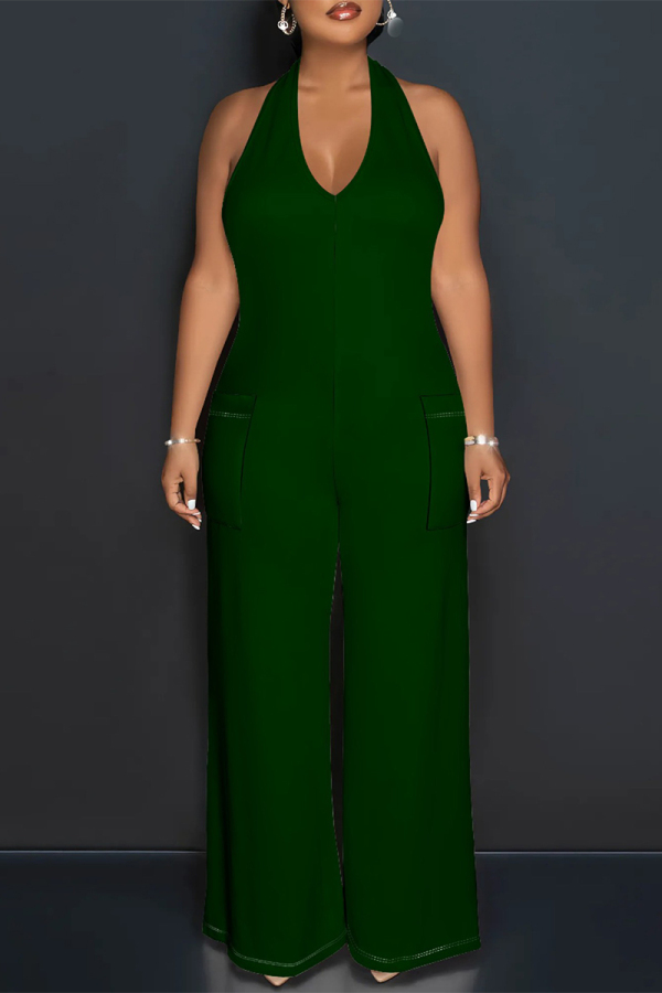 Green Casual Solid Color Lace Up Backless Halter Loose Jumpsuits