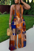 Brown Sexy Casual Print Lace Up Backless Halter Bodycon Jumpsuits