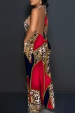 Brown Sexy Casual Print Lace Up Backless Halter Bodycon Jumpsuits