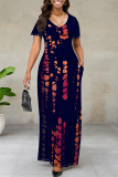 Navy Blue Casual Striped Print Pocket Contrast V Neck Printed Dresses