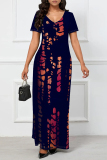 Navy Blue Casual Striped Print Pocket Contrast V Neck Printed Dresses