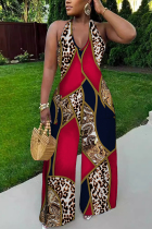 Red Sexy Casual Print Lace Up Backless Halter Bodycon Jumpsuits