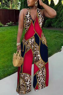 Red Sexy Casual Print Lace Up Backless Halter Bodycon Jumpsuits