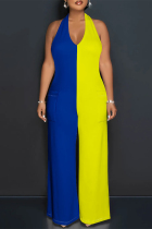 Blue Yellow Casual Solid Color Pocket Lace Up Backless Contrast Halter Loose Jumpsuits