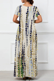 Navy Blue Casual Striped Print Pocket Contrast V Neck Printed Dresses