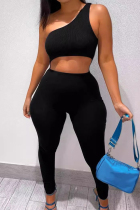 Black Sexy Solid Color Patchwork Backless Oblique Collar Sleeveless Two Pieces