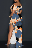Navy Sexy Colorblock Print Slit Contrast Off Shoulder Printed Dresses