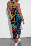 Rose Red Blue Casual Print Patchwork Spaghetti Strap Regular Jumpsuits
