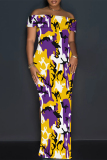 Navy Sexy Colorblock Print Slit Contrast Off Shoulder Printed Dresses