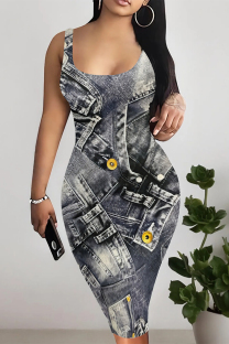 Gray Blue Sexy Faux Denim Print Contrast U Neck Printed Dresses
