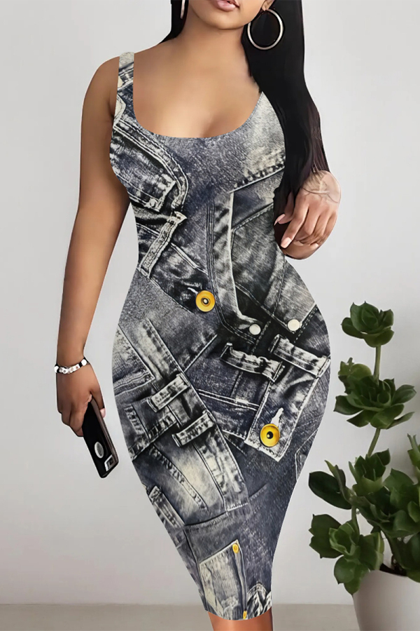 Gray Blue Sexy Faux Denim Print Contrast U Neck Printed Dresses