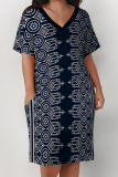 Apricot Casual Geometric Print Pocket Contrast V Neck Printed Plus Size Dresses