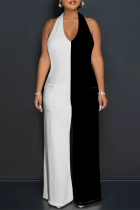 Black White Casual Solid Color Pocket Lace Up Backless Contrast Halter Loose Jumpsuits