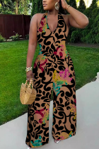 Black Brown Sexy Casual Print Lace Up Backless Halter Bodycon Jumpsuits