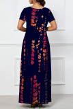 Navy Blue Casual Striped Print Pocket Contrast V Neck Printed Dresses