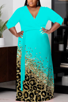 Blue Casual Print Belted V Neck Long Plus Size Dresses