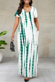 Navy Blue Casual Striped Print Pocket Contrast V Neck Printed Dresses